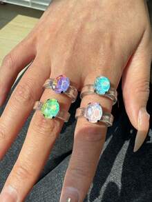Set de 4 anillos de resina transparente y colorida, set de anillos con piedras facetadas brillantes, joyería para mujer, adecuado para verano, primavera, playa, regalo para amigos - Multicolor - Ver 5