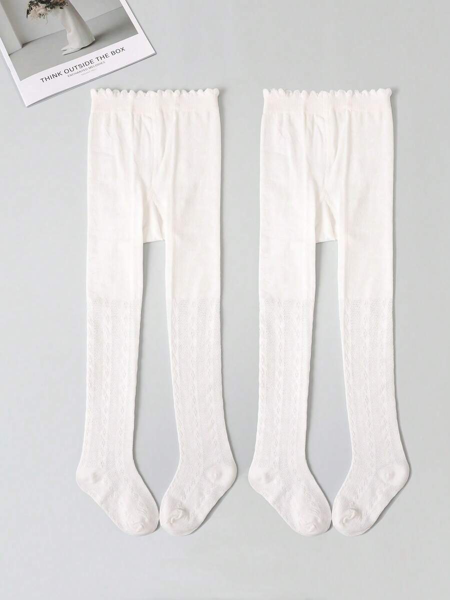 2pcs Girls' White Minimalist Mesh Tight Leggings, Fashionable Versatile Student Tights, Suitable For Girls' Daily Wear, Spring/Summer - White - View 1