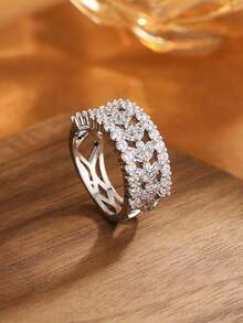 精致镂空花朵几何立方氧化锆戒指，独特设计，女士珠宝礼物 - 白色 - 查看 7