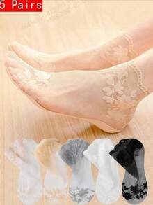 5 Pairs Women's Lace Transparent Lolita Summer Thin Non-Slip Short Ankle Socks, Black Low-Cut Socks - Multicolor - View 2