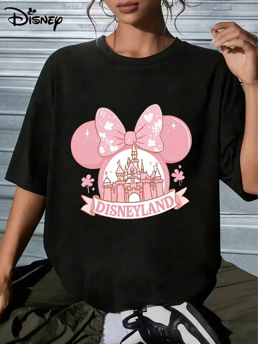 Soft, Breathable Unisex Short-Sleeve Cotton T-Shirt, Disney Minnie Ear Disneyland Castle Pink Graphic Print, Cute Casual Style, Everyday Outfit, Pullover TeeMade From Soft, Comfortable, And Durable Pure Cotton, This Is An Ideal Choice For Spring And Summer. This Crew Neck T-Shirt Is Suitable For Various Occasions, Including Everyday Wear, Shopping, Parties, Travel, And Gatherings, And Also Makes A Thoughtful Gift. - 黑色 - 查看 1