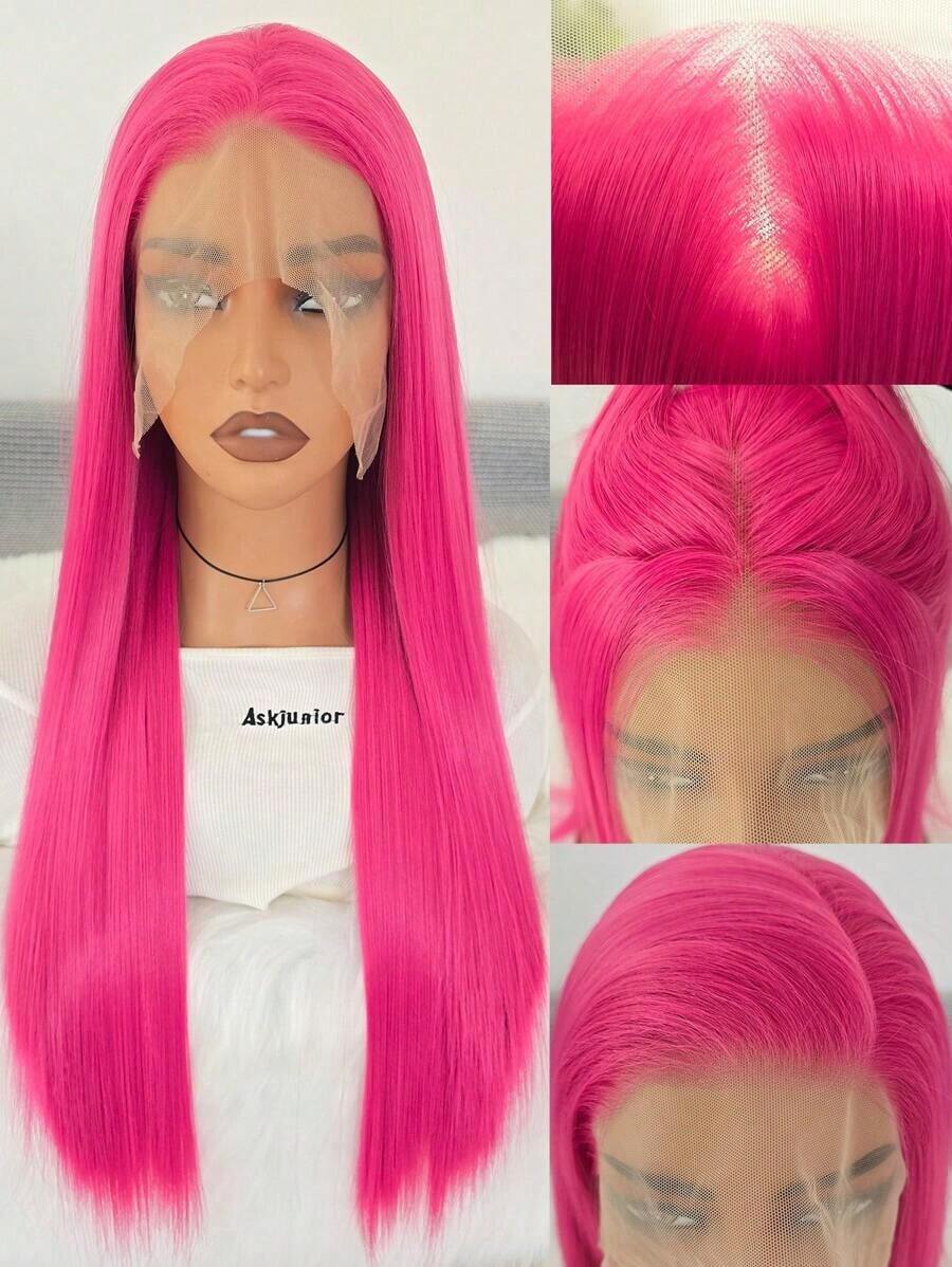 Websterwigs Elegant 13x4 Lace Front Straight Hair Wig, 26 Inches, Rose Red/Pink/Light Pink, Synthetic Lace Front Wig With Pre-Plucked Hairline, Heat-Resistant Fiber Hair, Silky Straight, For Women, Cosplay, Party, Daily, Music Festival - 玫紅色 - 查看 1