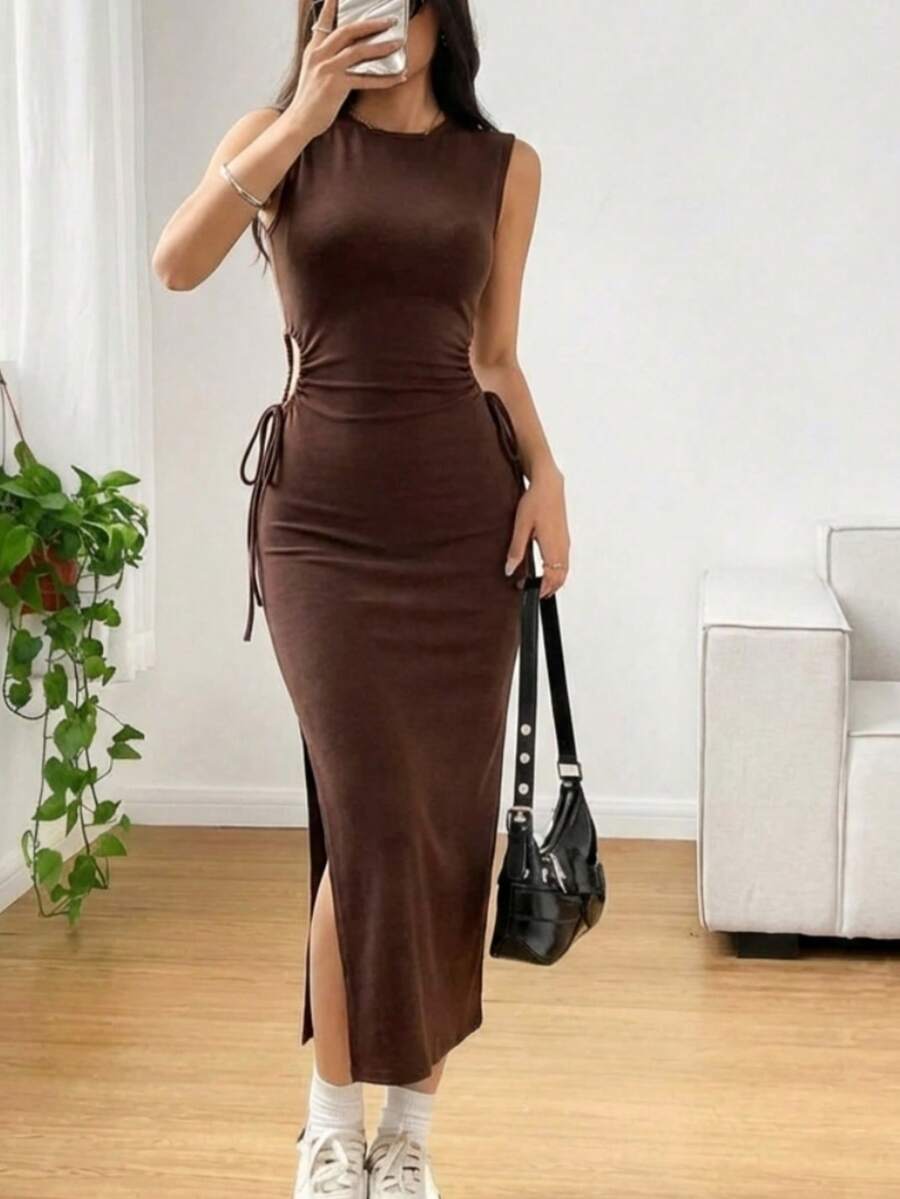 女士夏季度假优雅纯色派对吊带连衣裙休闲运动圆领无袖镂空抽绳棕色连衣裙性感修身开衩侧开衩中长茶会连衣裙毕业礼服 - 棕色 - 查看 1