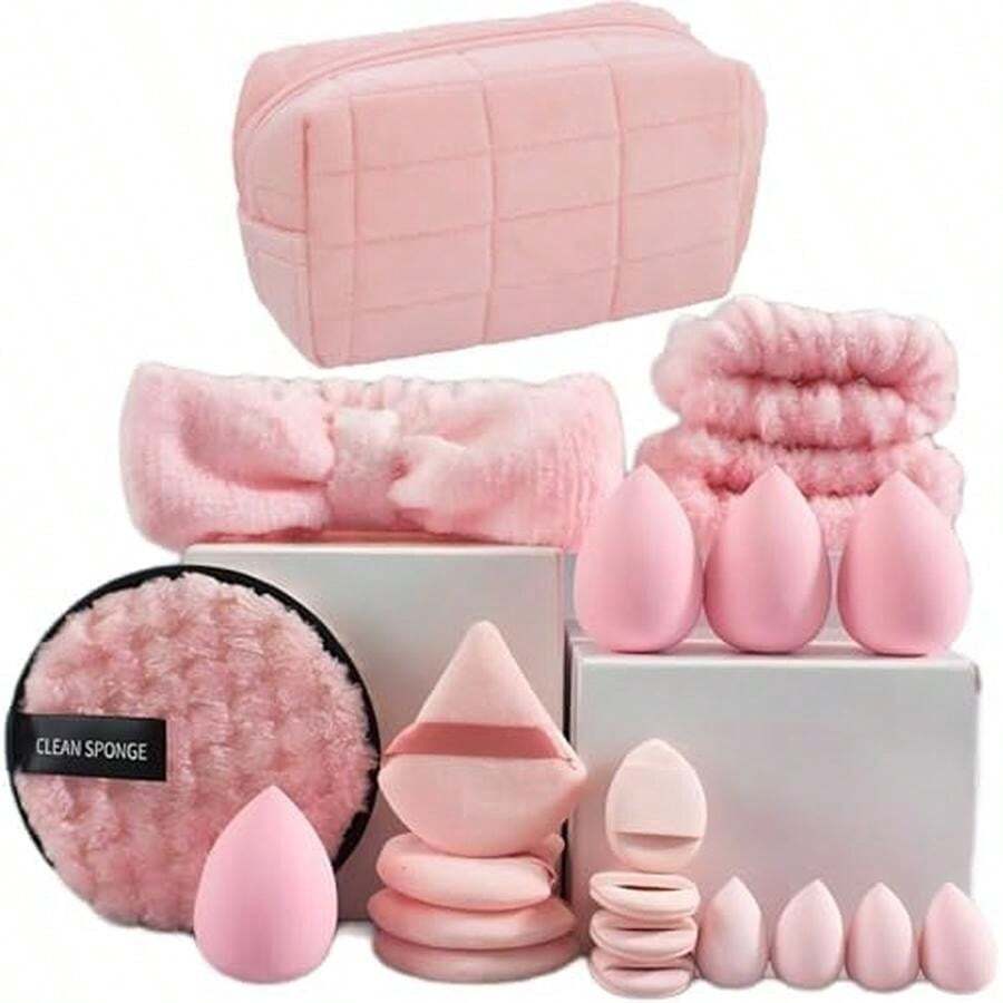 Suniya Skincare Face Wash Spa Headband And Wristband Set Makeup Sponges Set Face Soft Triangle Makeup Puff Sponge Pieces Powder Puff Women And Teen Girl Gifts Stuff (Pink) - Pink Bag - View 1