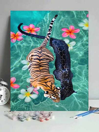 Tiger And Leopard Swimming With Tropical Flowers DIY Oil Painting By Numbers Canvas Painting Crafts Adult Home Decoration 40x50cm/16x20inch Holiday Gifts