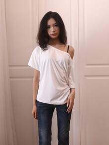 女士露肩白色短袖T恤，高弹力常规涤纶休闲/办公上衣 - 白色 - 查看 10