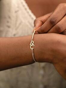 1PC Custom Two Initial Bracelet, Interlocking Letter Bracelet With Cuban Chain, Stackable Bracelet, Couple Bracelet, Christmas Gifts For Mom - Multicolor - View 4