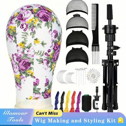 Professioneller Perücken-Styling-Mannequin-Kopf-Set, beinhaltet verstellbares Stativ, Leinwand-Kopfmodell, Halter + T-Nadeln, Perückenkappen und Kopfmodell-Trainingsunterlage, geeignet für Präsentation und Frisur-Styling-Praxis, Unisex Erwachsenengröße
