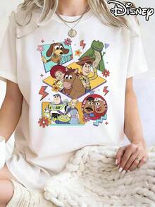 Disney Official Authorization, Women's Casual Cotton Round Neck Short Sleeve Regular Length T-Shirt With Cartoon Print, Breathable And Light, Suitable For Sports And Leisure Wear, Suitable For Gifts, Suitable For Parties. - 白色 - 查看 1