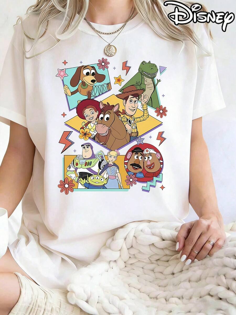 Disney Official Authorization, Women's Casual Cotton Round Neck Short Sleeve Regular Length T-Shirt With Cartoon Print, Breathable And Light, Suitable For Sports And Leisure Wear, Suitable For Gifts, Suitable For Parties. - 白色 - 查看 1