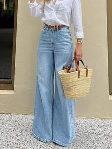 Quần jeans cạp cao phong cách American Baddie, quần jeans ống đứng dáng rộng kiểu retro dành cho nữ, phù hợp cho mọi mùa. - Rửa nhẹ - Xem 6