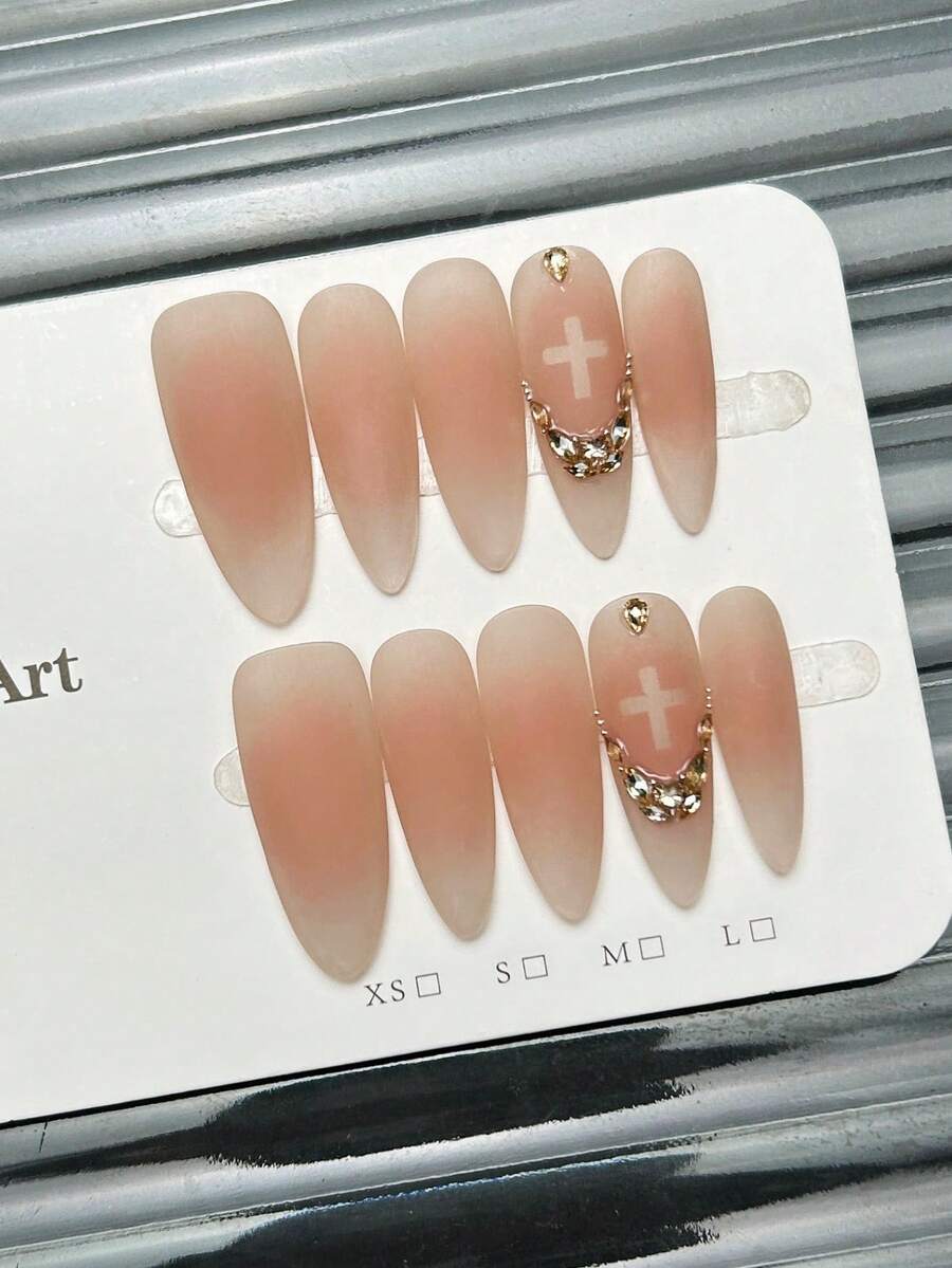 10片手工椭圆形亚克力按压式美甲片，中号哑光粉色，十字美甲宝石镶嵌小水钻，前卫优雅简约春季假指甲，夏季美甲，适合派对、日常、约会、海滩、热带度假等场合，DIY美甲，适合女性和女孩作为礼物美甲用品 - 粉色 - 查看 1