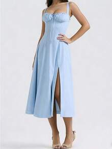 Women's Simple Casual Style Strap Dress With Ruched Neckline - Màu xanh nhạt - Xem 3