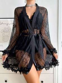 Ladies' Lace Sleepwear Set Pajama Set - 紫紅色 - 查看 1