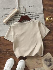 1件婴儿/幼儿男童创意卡通图案字母标语印花基本款圆领短袖T恤，休闲时尚 - 杏色 - 查看 3