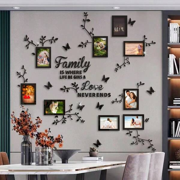 1 Stück kreative Zweig Fotorahmen Acryl Wandaufkleber, 9 Fotorahmen Zweige & Schmetterling Puzzle Wandtattoo 3D selbstklebend gemütliche Heimdekoration, Zweig Fotorahmen Acryl Wandaufkleber Geburtstag Feiertags Geschenk, geeignet für Wohnzimmer, Schlafzimmer, Arbeitszimmer, Eingang, Sofa Hintergrundwand Dekoration