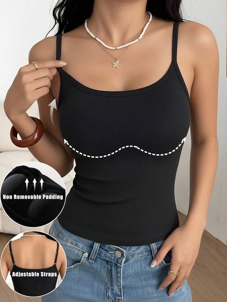 Áo tank top nữ cơ bản, thoải mái, tối giản, có đệm ngực, dáng ôm, không tay, dây đeo điều chỉnh được, màu đen. - màu đen - Xem 1