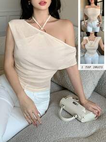 abyoxi 女士米色/杏色金属环扣吊带衬衫，三种穿法（露肩/垂领/不对称领），褶皱腰身修身款，时尚休闲性感，适合办公室、日常、约会、情人节等场合，弹力雪纺面料，春夏款 - 米色 - 查看 7