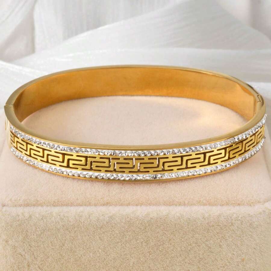 Vòng tay dạng lưới bằng thép không gỉ mạ vàng 18K đính đá Zirconia, trang sức sang trọng và thanh lịch, phù hợp cho phụ nữ dự tiệc, dạ hội và đeo hàng ngày. - Vàng - Xem 1