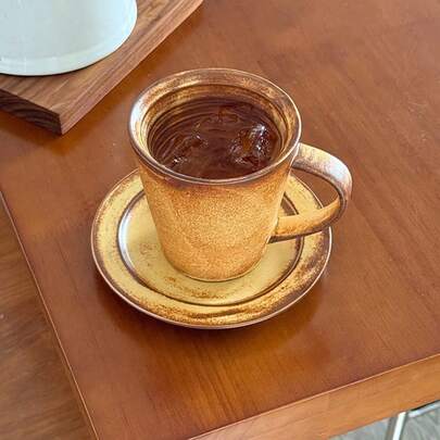Handmade Coarse Pottery Kiln-Fired Vintage Coffee Cup & Saucer Set, High-Quality Water Mug, Milk Cup, Breakfast Cup, High-Aesthetic Home Use Cup, Afternoon Tea Mug, Souvenir Gift