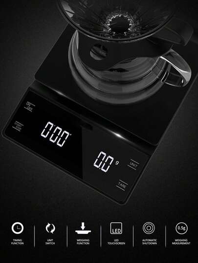 1 pieza Báscula electrónica digital de alto rango de 3 kg - Báscula electrónica profesional de cocina - Báscula de café - Incluye almohadilla de silicona antideslizante y resistente al calor - Material ABS duradero - Función de puesta a cero con un solo clic - Con temporizador - Conversión de múltiples unidades (g, ml, oz) - Pantalla LED de alta definición - Cuatro almohadillas de goma antideslizantes en los lados - Adecuado para diversos escenarios como preparación de cocina, elaboración de café, etc. - Funciona con 3 pilas secas AAA, no se incluyen y se deben comprar por separado.