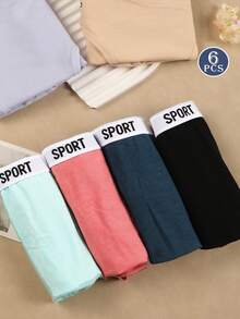 6-Pack Soft & Comfortable Women's Mid-Rise Briefs | Assorted Colors (Blue,Navy Blue Light Pink, Beige, Purple, Dark Gray), Athletic Underwear With Stylish "SPORT" Letter Print - 多色A - 查看 5