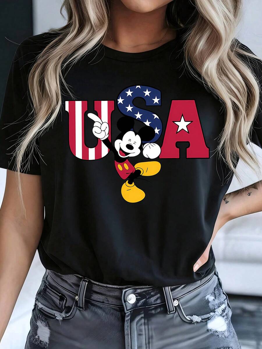 Disney Women's Casual Mickey Mouse USA Graphic Print Short Sleeve Cotton T-Shirt, Regular Fit Round Neck Top With Slight Stretch - 黑色 - 查看 1