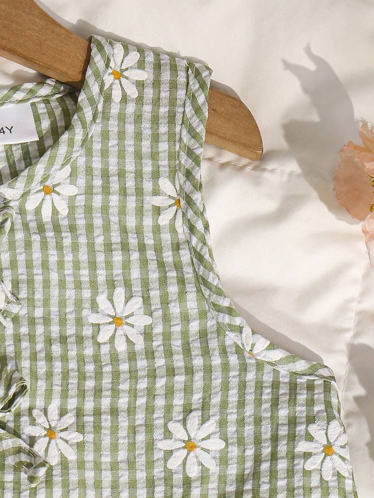 2pcs Girls Daisy Print Green Plaid Top And Pants Set, Summer - Green - View 4