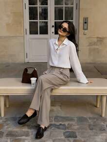 Camisa de manga larga con cuello polo, de estilo casual, holgada y elegante, minimalista y suave, adecuada para múltiples escenarios como ir al trabajo, estar en casa, etc. en todas las estaciones, color blanco primaveral - Blanco - Ver 8