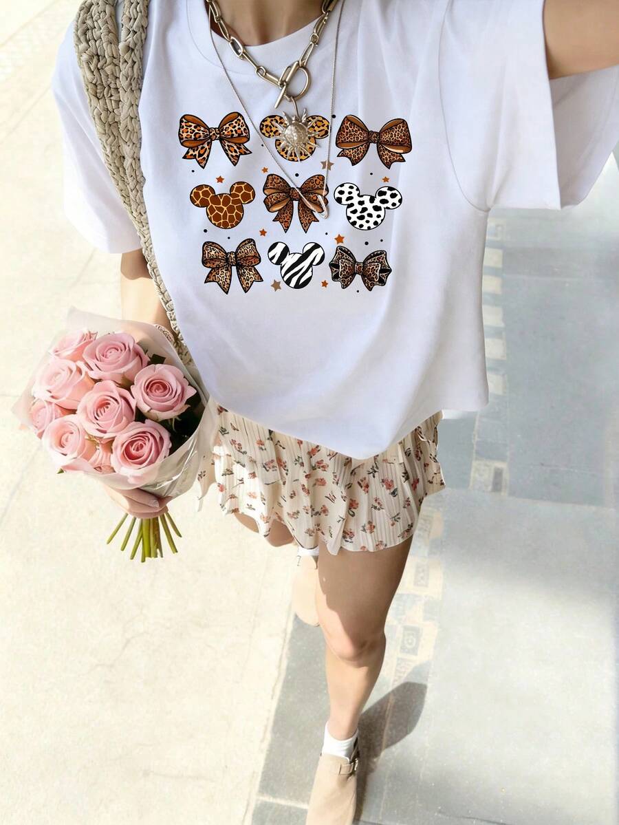 Disney Women's Casual White Cotton T-Shirt With Animal Print Bow And Mickey Mouse Ears Graphic, Round Neck Short Sleeve Top For Everyday Style - White - View 1