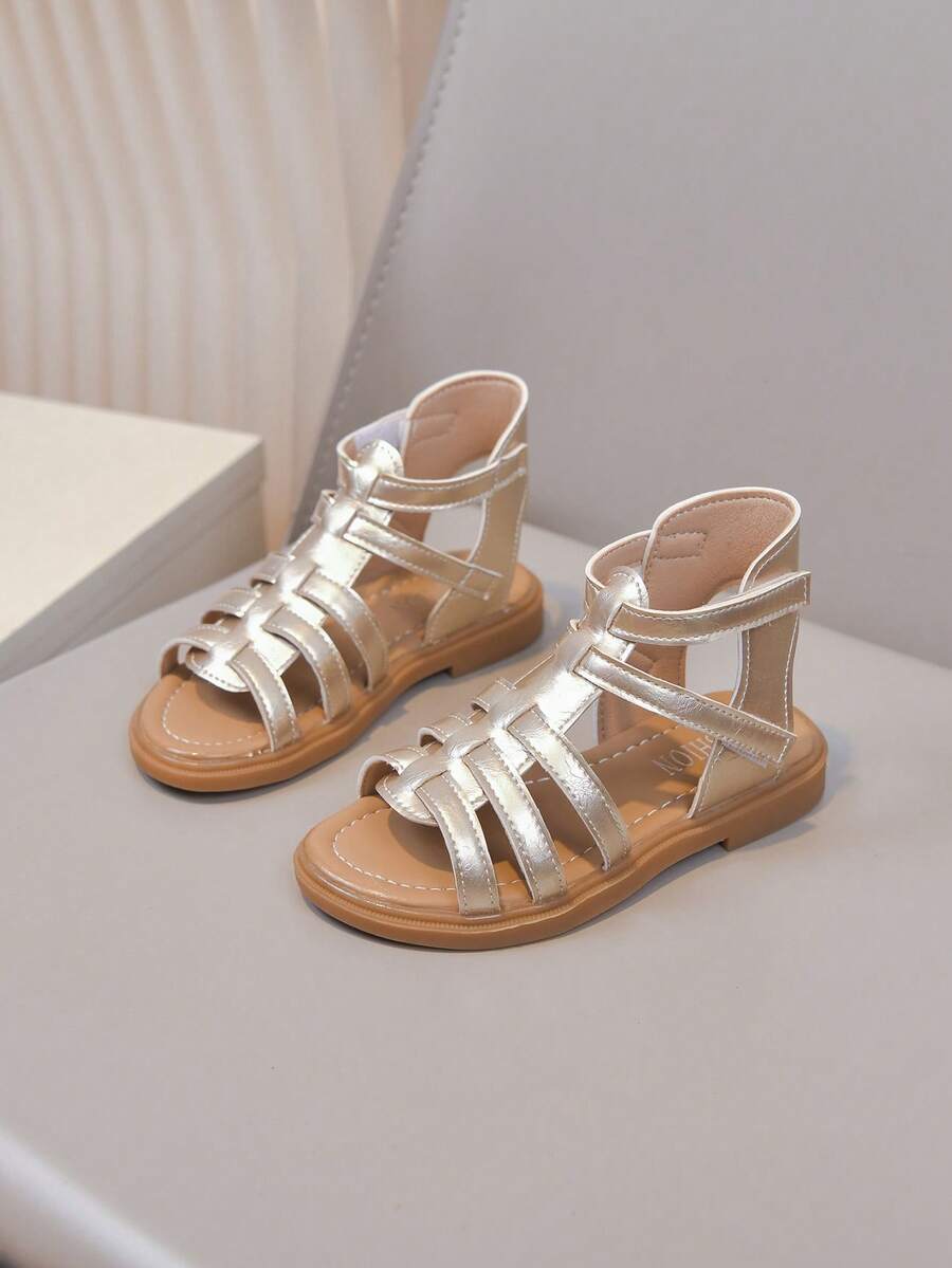 1 Pair Girls' Summer Casual Minimalist Vacation Style Outdoor Open Toe Flat Roman Sandals - Champagne - View 1