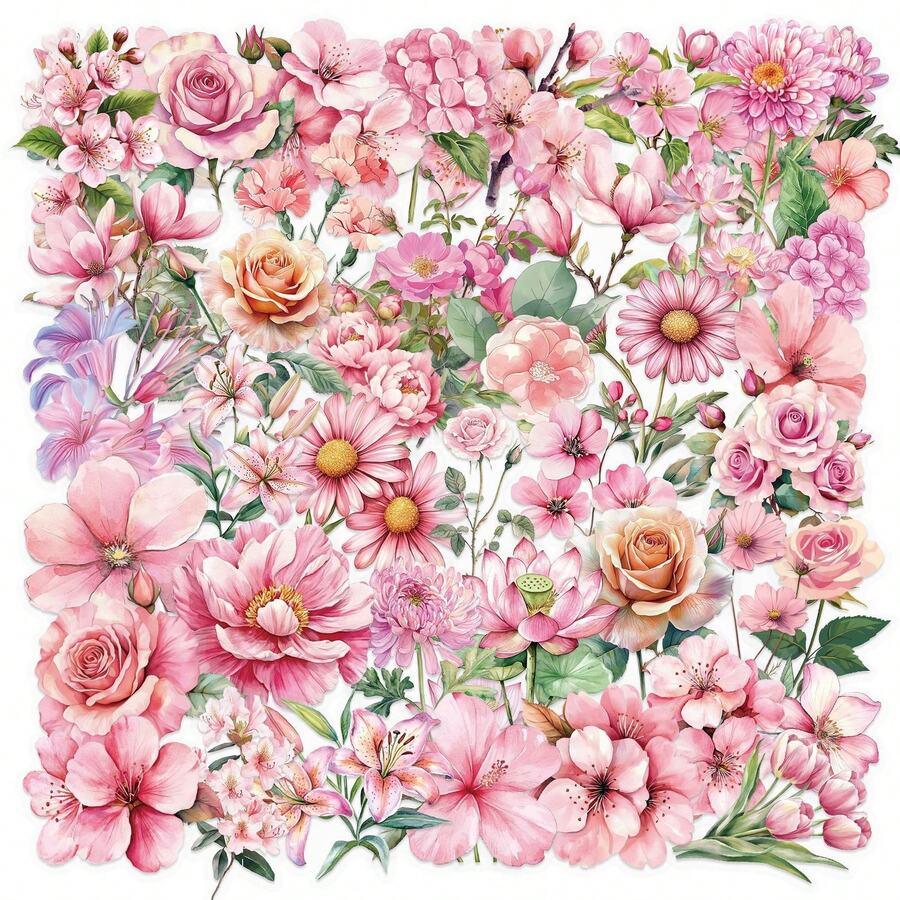 50 pegatinas de flores rosas de PET, material de decoración creativa para manualidades, DIY para tazas, fundas de teléfonos móviles, a prueba de agua - Ver 1