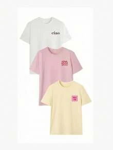 3件套女士夏季字母印花宽松休闲T恤，百搭日常休闲度假装扮 - 彩色 - 查看 4