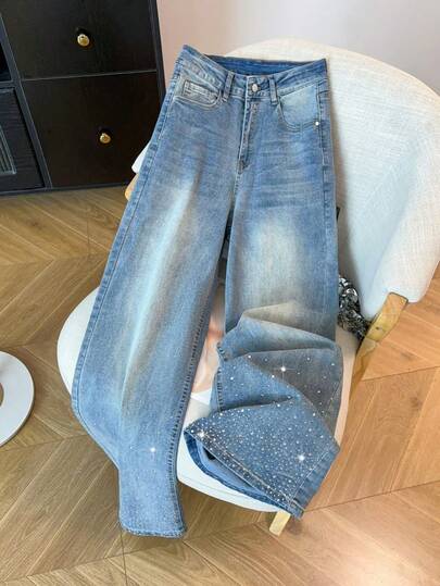 Pantalones vaqueros casuales de pierna ancha y corte holgado con bolsillos para mujeres, Jeans diarios simples de unicolor para mujer, Jesns holgados lavados para mujer