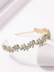 1pc Women's Fashion Princess Crown, Sweet Crystal Birthday Hair Accessory, Retro Crystal Tiara, Bridal Aluminum Alloy Headpiece, Delicate Minimalist French Leaf Headband - Mint Green - View 3