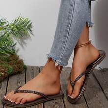 Women's Thong Slides PU Leather Flip Flops Braided Sandals Summer Beach Vacation Open Toe Shoes Slippers - 棕色 - 查看 5