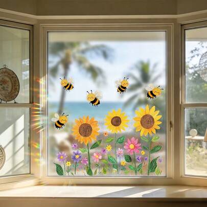 1/2 pièces Autocollants statiques pour fenêtre Suncatcher Abeille Floral, Autocollants Tournesol Tulipe Arc-en-ciel Prismatique Stickers en verre Anti-collision Non adhésifs Amovibles Décoration pour fenêtre de maison Décoration de pièce