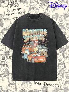 Disney Licensed Fashion Spring/Summer Men's Casual Short-Sleeve Retro T-Shirt, Featuring Lightning McQueen From Cars And Radiator Springs Prints And Text. Disney Licensed Unisex Washed T-Shirt, Men's Fashion Casual Pullover, Comfortable Short-Sleeve T-Shirt, Crew Neck Casual T-Shirt, Breathable And Lightweight, Suitable For Sports And Casual Wear, Great For Gifts, Suitable For Outings And Parties, Simple Short-Sleeve Fashion Design, Applicable To Everyday Outings, Parties, And Travel. - Black - View 1