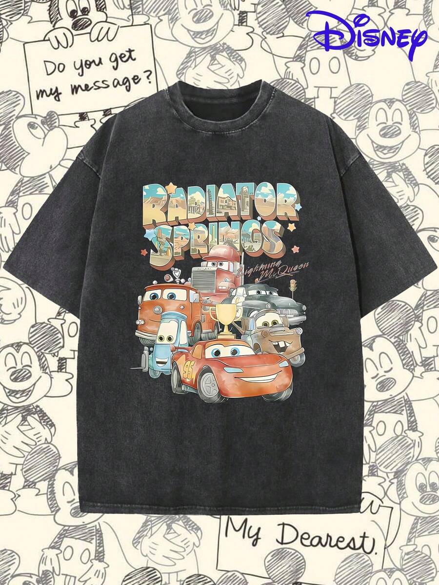 Disney Licensed Fashion Spring/Summer Men's Casual Short-Sleeve Retro T-Shirt, Featuring Lightning McQueen From Cars And Radiator Springs Prints And Text. Disney Licensed Unisex Washed T-Shirt, Men's Fashion Casual Pullover, Comfortable Short-Sleeve T-Shirt, Crew Neck Casual T-Shirt, Breathable And Lightweight, Suitable For Sports And Casual Wear, Great For Gifts, Suitable For Outings And Parties, Simple Short-Sleeve Fashion Design, Applicable To Everyday Outings, Parties, And Travel. - Black - View 1