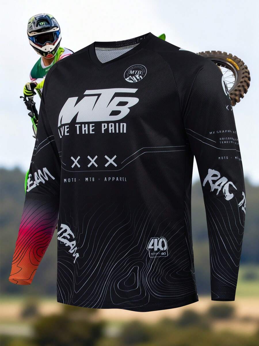 Camiseta de ciclismo para hombres, traje de carreras, bicicleta de montaña, BMX, ATV, camiseta de cuello en V para descenso, camiseta de manga larga para fitness, camiseta deportiva para correr - Versión universal, apta para ciclismo, todoterreno, viajes en motocicleta, senderismo, entrenamiento, pesca y uso diario casual - Negro - Ver 1