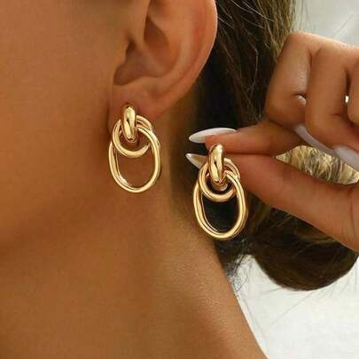 1pair Fashionable Gold Tone Metal Multi-Turn Knotted Design Stud Earrings For Women, Double Hoop Studs, Statement Dangling Earrings, Unique Earrings. (The Color Of The Product May Vary Slightly Under Different Displays/Lighting Conditions)