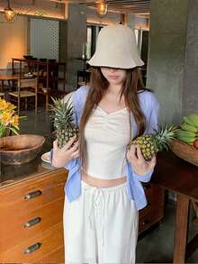 Áo thun dệt kim tay ngắn dáng ôm, cổ chữ V, viền bèo nhún - trắng - Xem 4