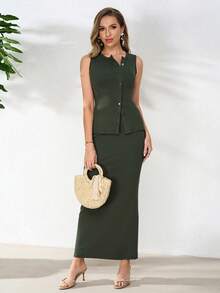 Elegant Women's Sleeveless Ribbed Knit 2-Piece Set, Including Button-Front Cardigan Top And High-Stretch Mini Skirt - Army Green - View 5
