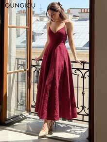QUNGIGU Women's Elegant V-Neck Midi Dress, Linen Texture A-Line Backless Slip Dress, Suitable For Vacation, Beach, Wedding, Cocktail Party - Burgundy - View 1