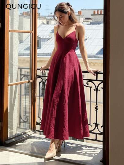 QUNGIGU Women's Elegant V-Neck Midi Dress, Linen Texture A-Line Backless Slip Dress, Suitable For Vacation, Beach, Wedding, Cocktail Party