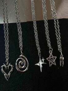 Bộ 5 chiếc vòng cổ phong cách Gothic cổ điển hình ngôi sao, trái tim, răng, kiếm, ngôi sao, trái tim tan chảy thời kỳ Y2K dành cho nam và nữ - Bạc - Xem 7
