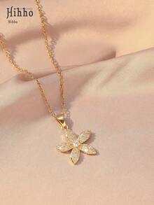 Hihho 1件镶嵌锆石的五瓣花吊坠项链，闪耀的中心宝石，精致的不锈钢链，优雅柔美的气质，适合日常佩戴 - 項鍊 - 查看 6