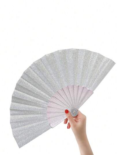 Shiny Silver-White Hand Fan, Summer Beach Fan, Essential Carnival Accessory, Beach Accessory, Suitable For Festivals, Weddings And Travel
