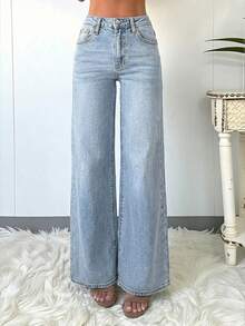 Elegant & Casual Women's Wide Leg Jeans, Denim Effect, Solid Color Washed, Full Length, Medium Stretch Spring - Baby Blue - View 2