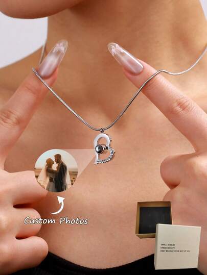Custom Photo Projection Heart Shape Rhinestone Stainless Steel Necklace | Adjustable Gold/Silver Snake Chain Options | Fashionable, Colorful, Retro, Simple, Neutral, Casual, Cute, Custom, Personalized & Unique Memory Jewelry | Ideal Romantic Gift For Her, Boyfriend, Girlfriend, Dad, Mom, Family & Friends | Perfect For Valentine's Day, Birthday, Anniversary & Graduation